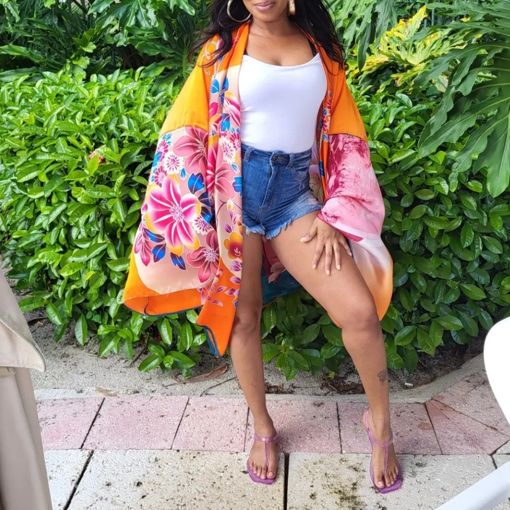 Floral Orange Kimono Cover-Up